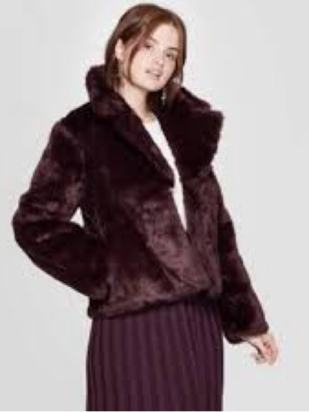 a new day Plush Faux Fur Jacket in Burgundy. Size Small.